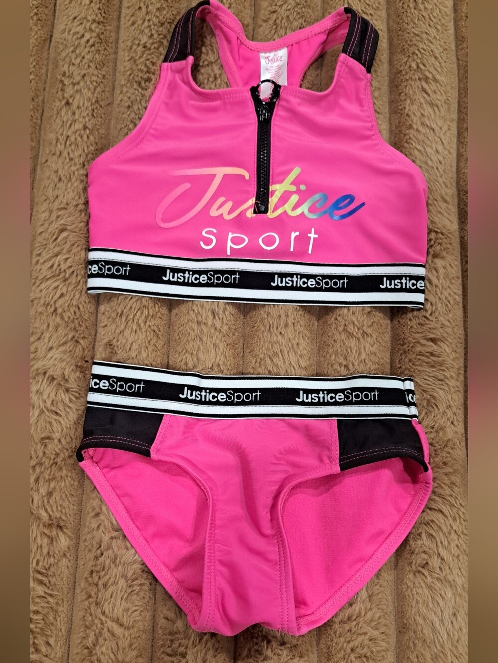 Justice Girls 2 Pc Longline Zip Bikini Fuchsia Size Extra Small 5/6
